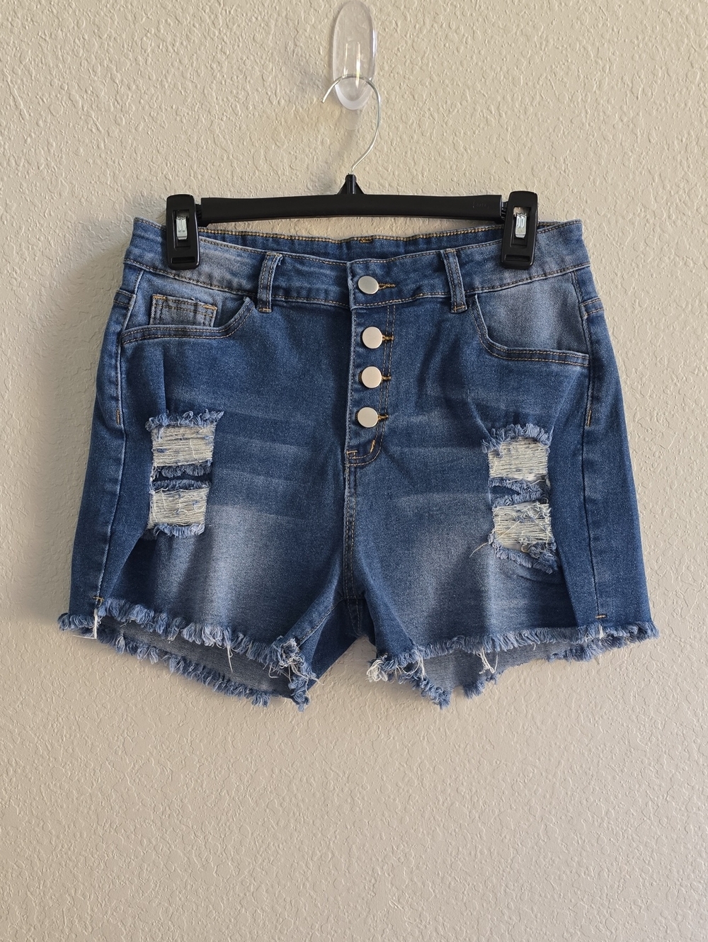 SHEIN Women's 3" Distressed High-Waist Button-Fly Jean Shorts - Lg - Picture 2 of 9